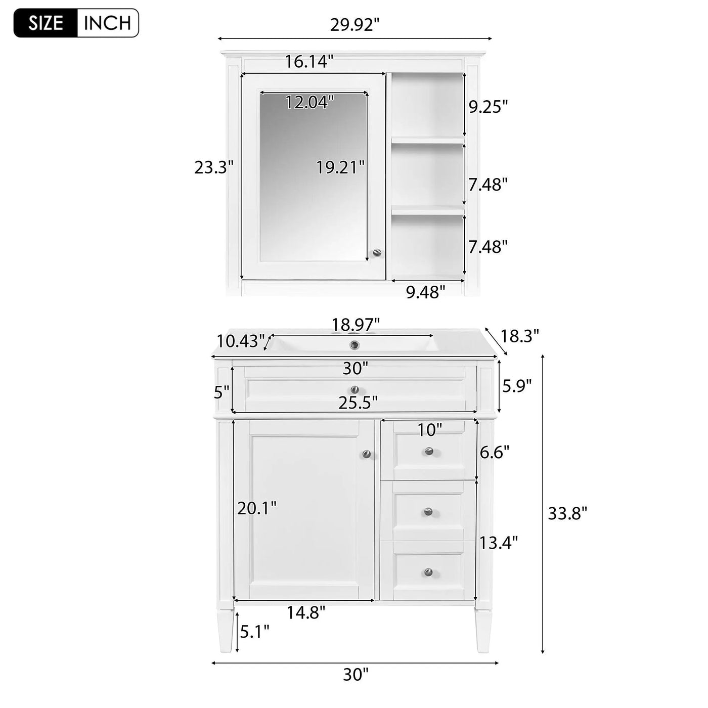 Bathroom Vanity With Top Sink, 2 Doors And 3 Drawers, Freestanding Set With Mirror Cabinet by HouseOfZazla