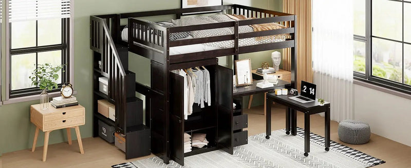 Loft Bed With Stairs, Bookshelf, Drawers, Desk & Wardrobe, Space Saving Multifunctional Furniture by HouseOfZazla