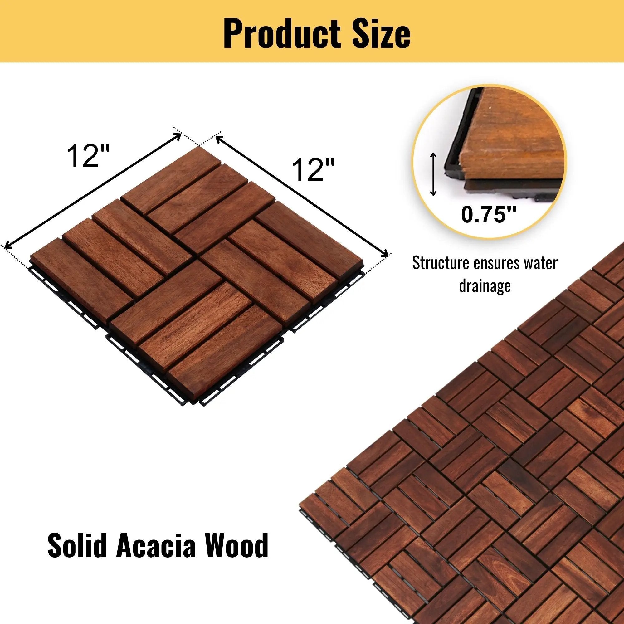 Interlocking Deck Tiles Checker Pattern, Square Acacia Hardwood Outdoor Flooring For Patio, Bancony, Pool Side by HouseOfZazla