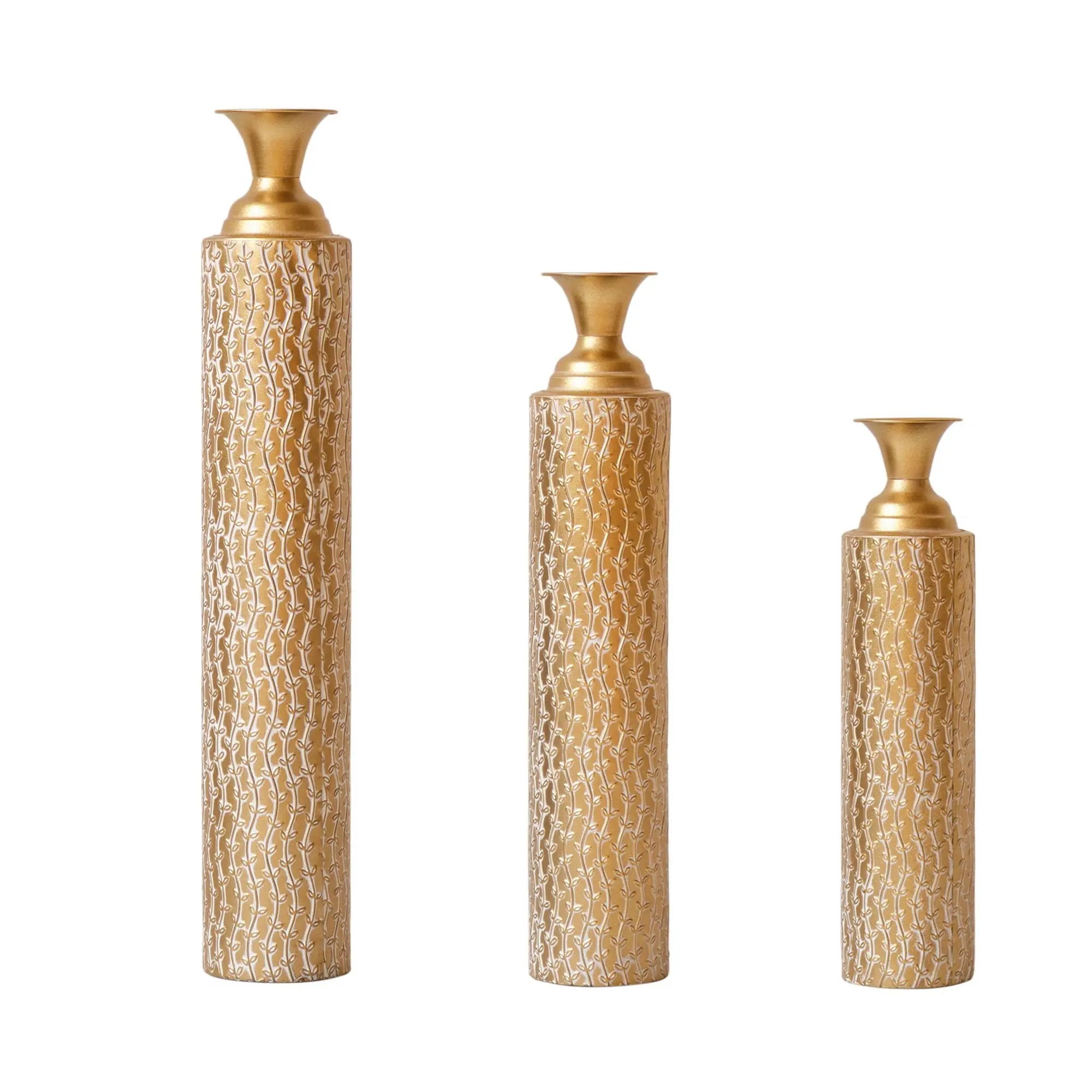 Metal Decorative Vases High Distress Metal Center Vases With Growing Vine Patterns, (Set of 3) Vases For Home Decoration - Gold by Unique Piece Furniture