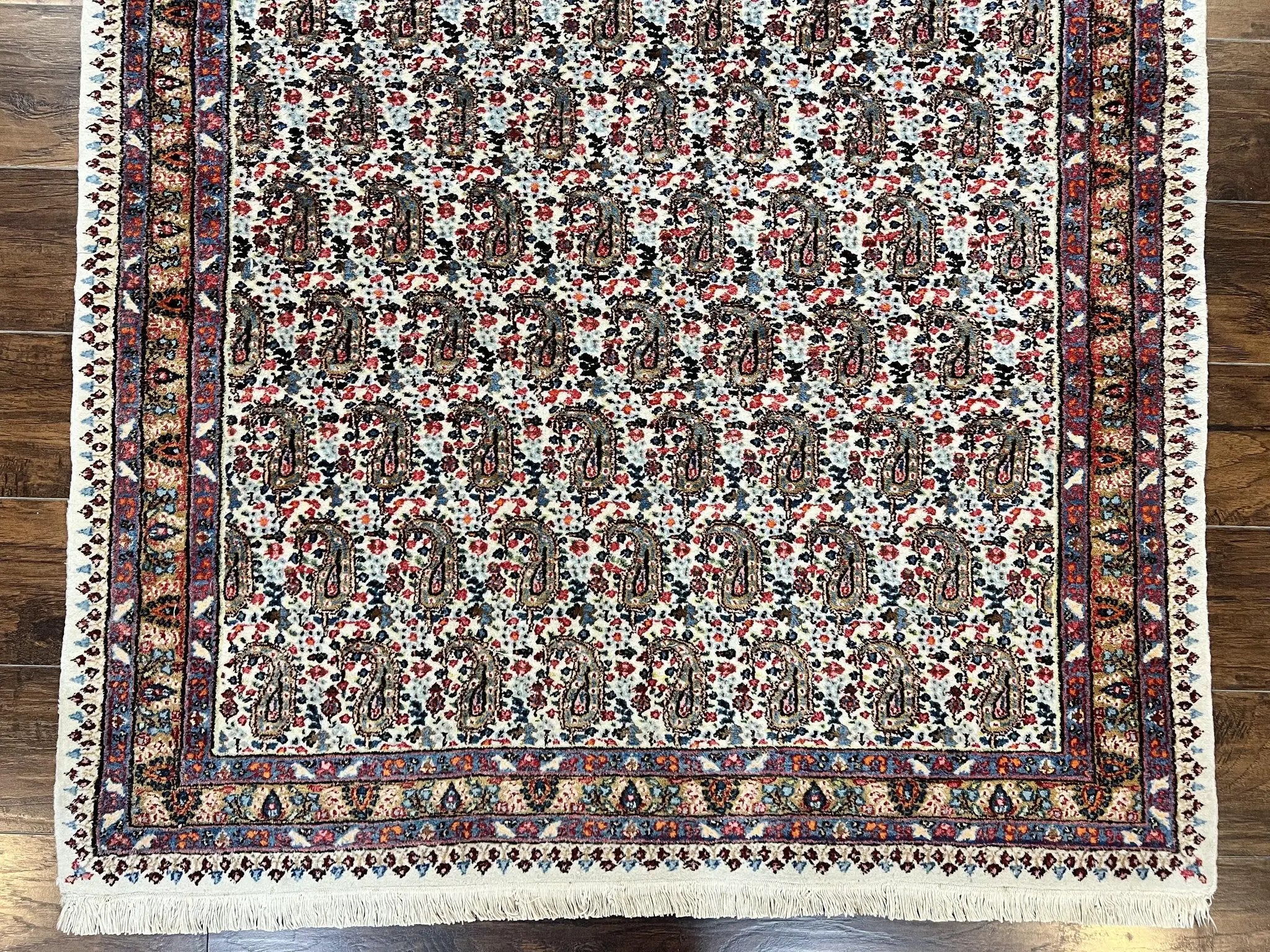 Persian Rug 4x6, Mashad Kashmar Rug, Boteh Paisley Design, Allover Repeated Pattern, Ivory Hand Knotted Vintage Semi Antique Persian Oriental Carpet by Jewel Rugs