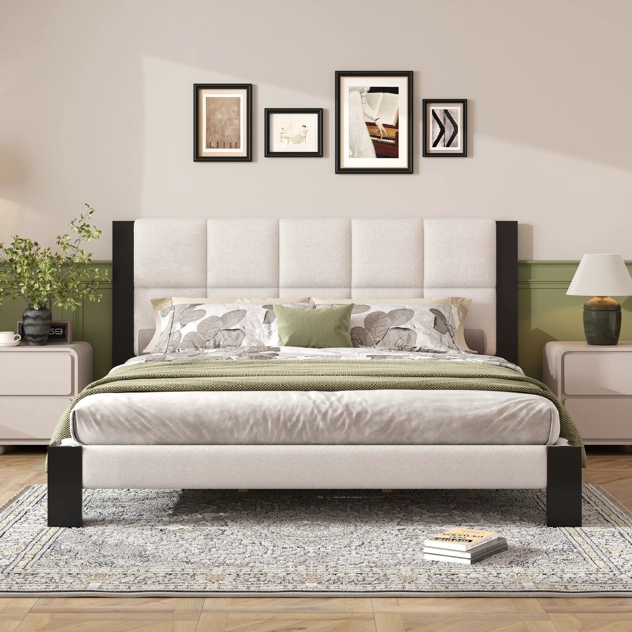 Boucle Cal King Bed Frame with Cube Headboard by HouseOfZazla