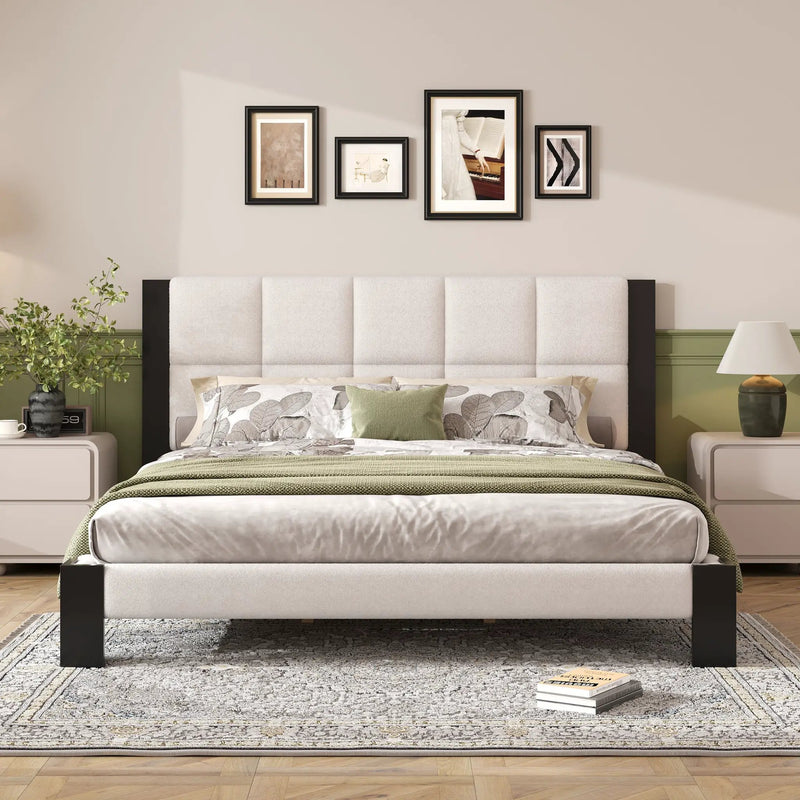 Boucle Cal King Bed Frame with Cube Headboard by HouseOfZazla