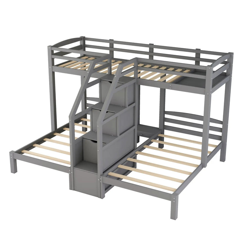 Twin Over Twin & Twin Bunk Bed With Built In Staircase And Storage Drawer - Gray by Unique Piece Furniture