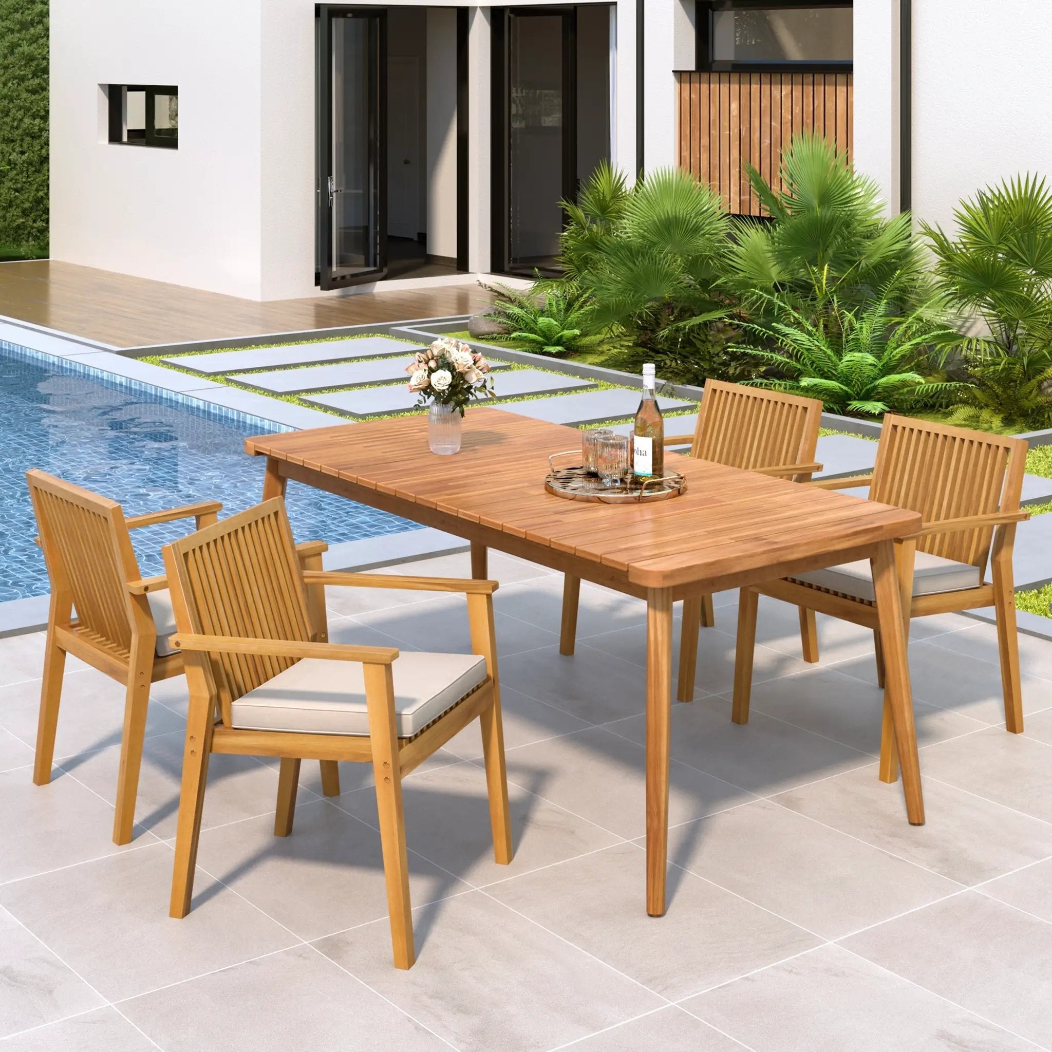 5-Piece Acacia Wood Outdoor Dining Set, Patio Table & Chairs with Removable Cushions by HouseOfZazla