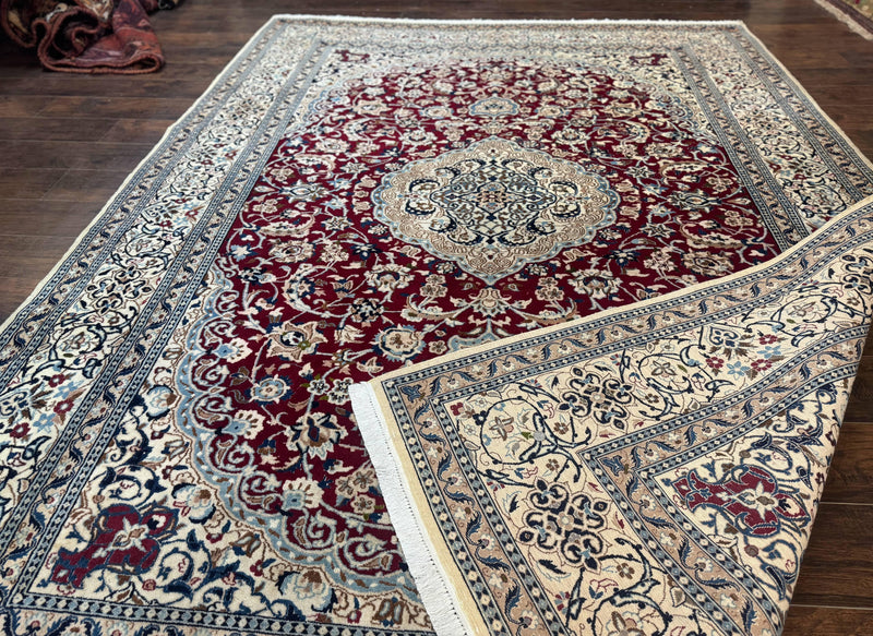 Persian Nain Rug 8x11, Wool and Silk Highlights, Burgundy & Ivory by Jewel Rugs