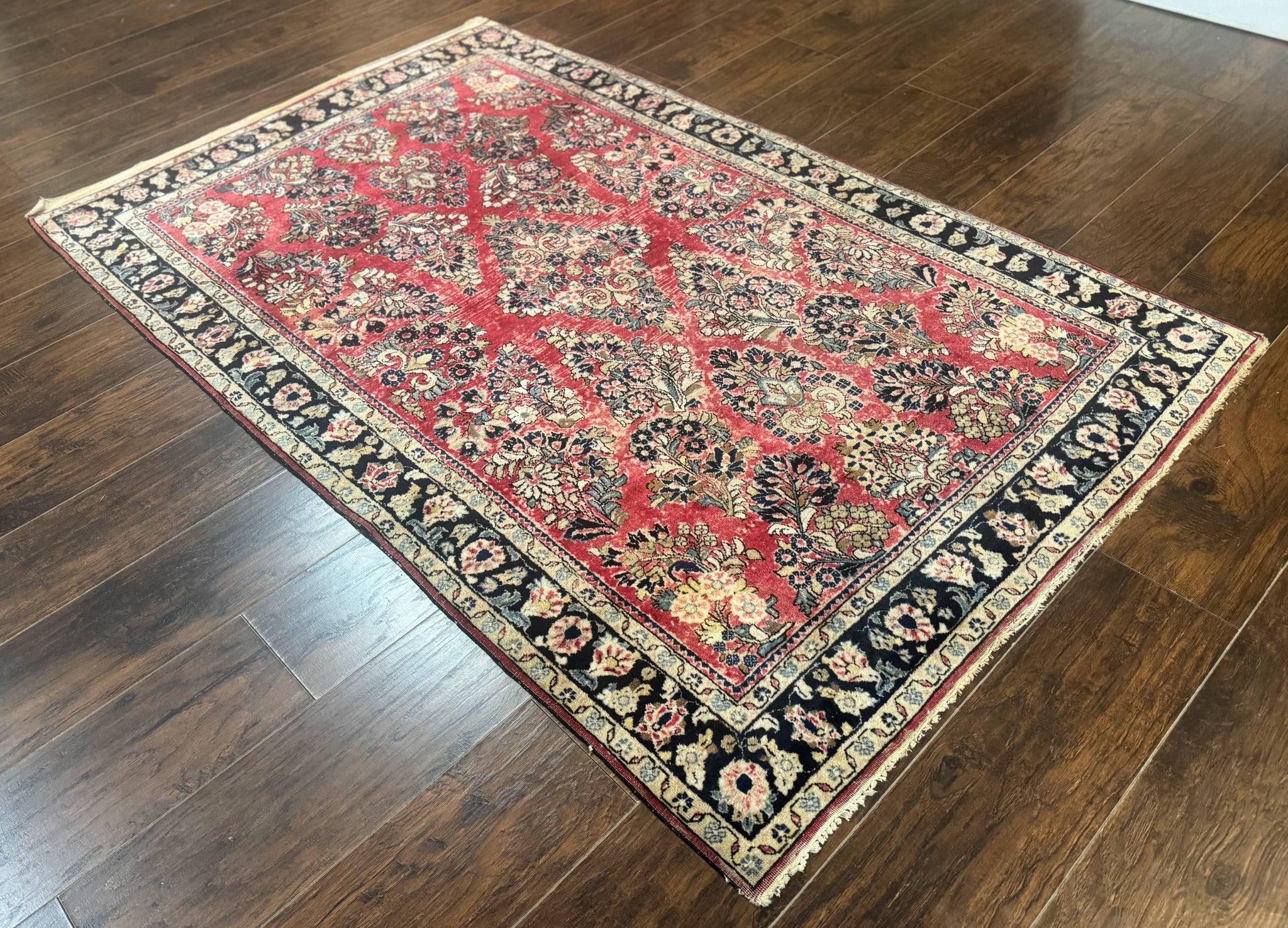 Antique Persian Sarouk Rug 4x7, Floral, Red 1920s Persian Wool Carpet by Jewel Rugs