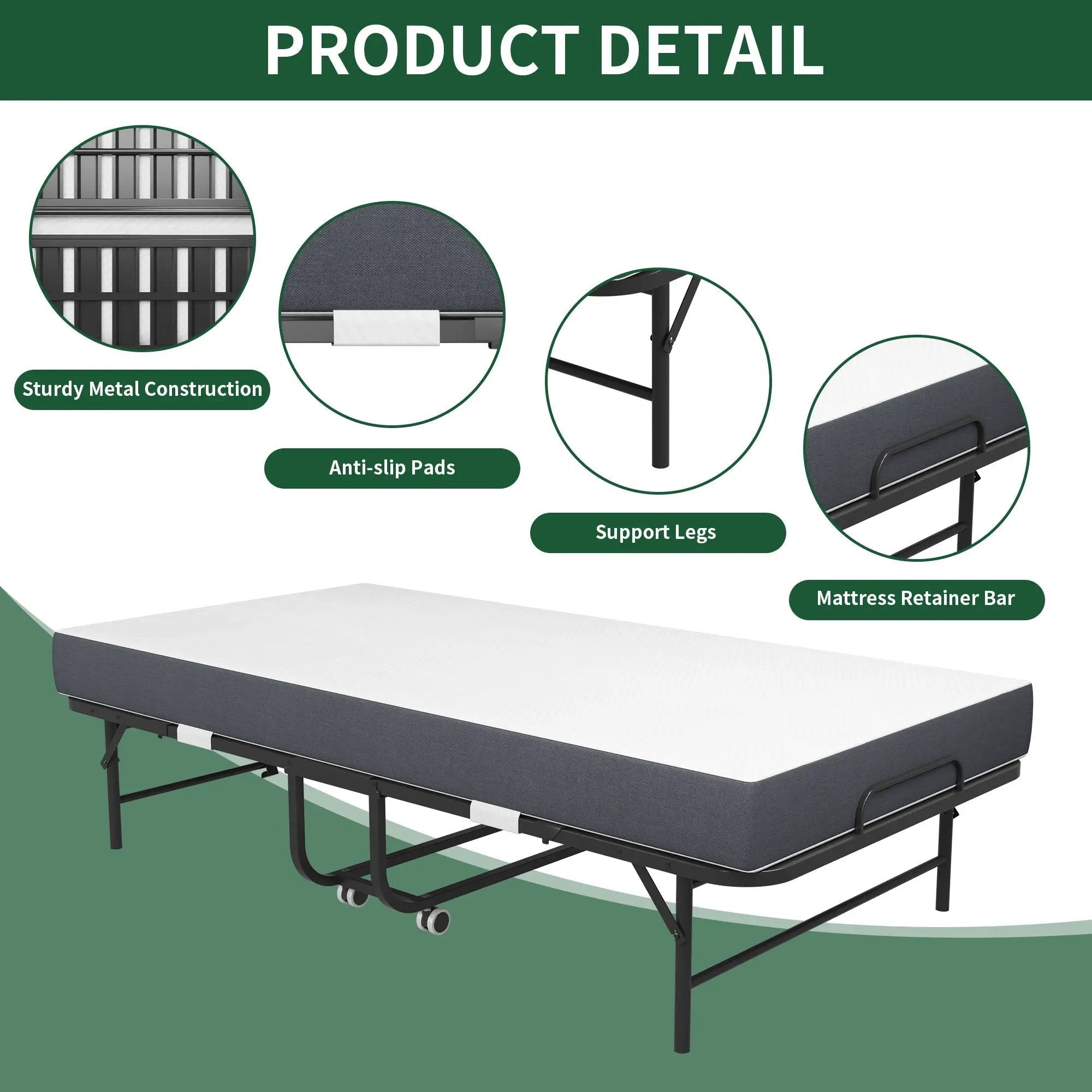 Twin Extra Long Folding Bed For Tall People, Heavy-Duty Rollaway Guest With Memory Foam Mattress - Black by HouseOfZazla