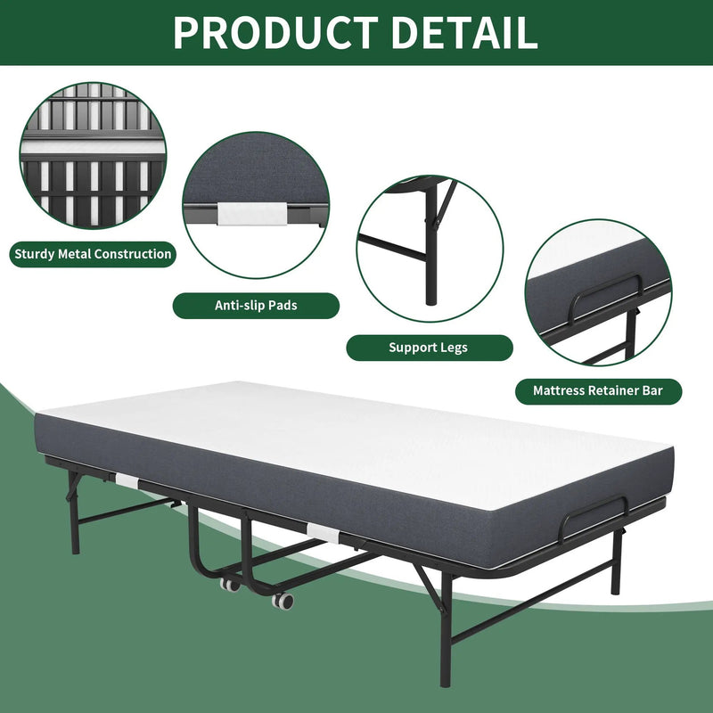 Twin Extra Long Folding Bed For Tall People, Heavy-Duty Rollaway Guest With Memory Foam Mattress - Black by HouseOfZazla