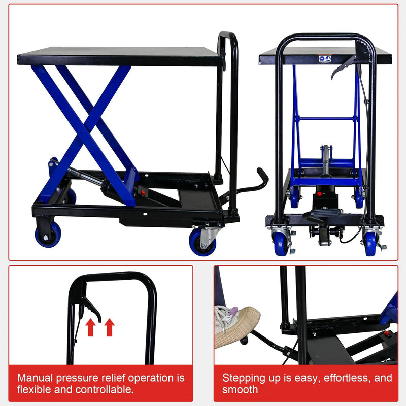 Hydraulic Lift Trolley, 500 Lbs Capacity, With 4 Wheels, For Material Handling And Transportation - Black / Blue by HouseOfZazla