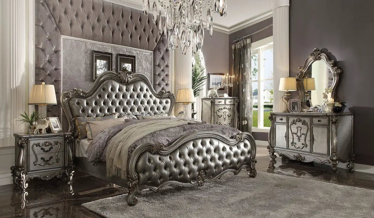 Versailles II - Queen Bed - Silver Synthetic Leather & Antique Platinum by Unique Piece Furniture