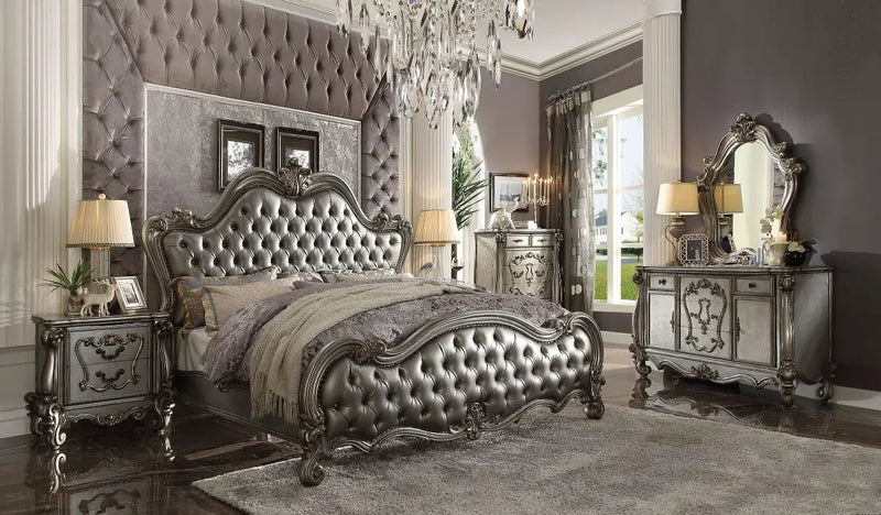 Versailles II - Queen Bed - Silver Synthetic Leather & Antique Platinum by Unique Piece Furniture