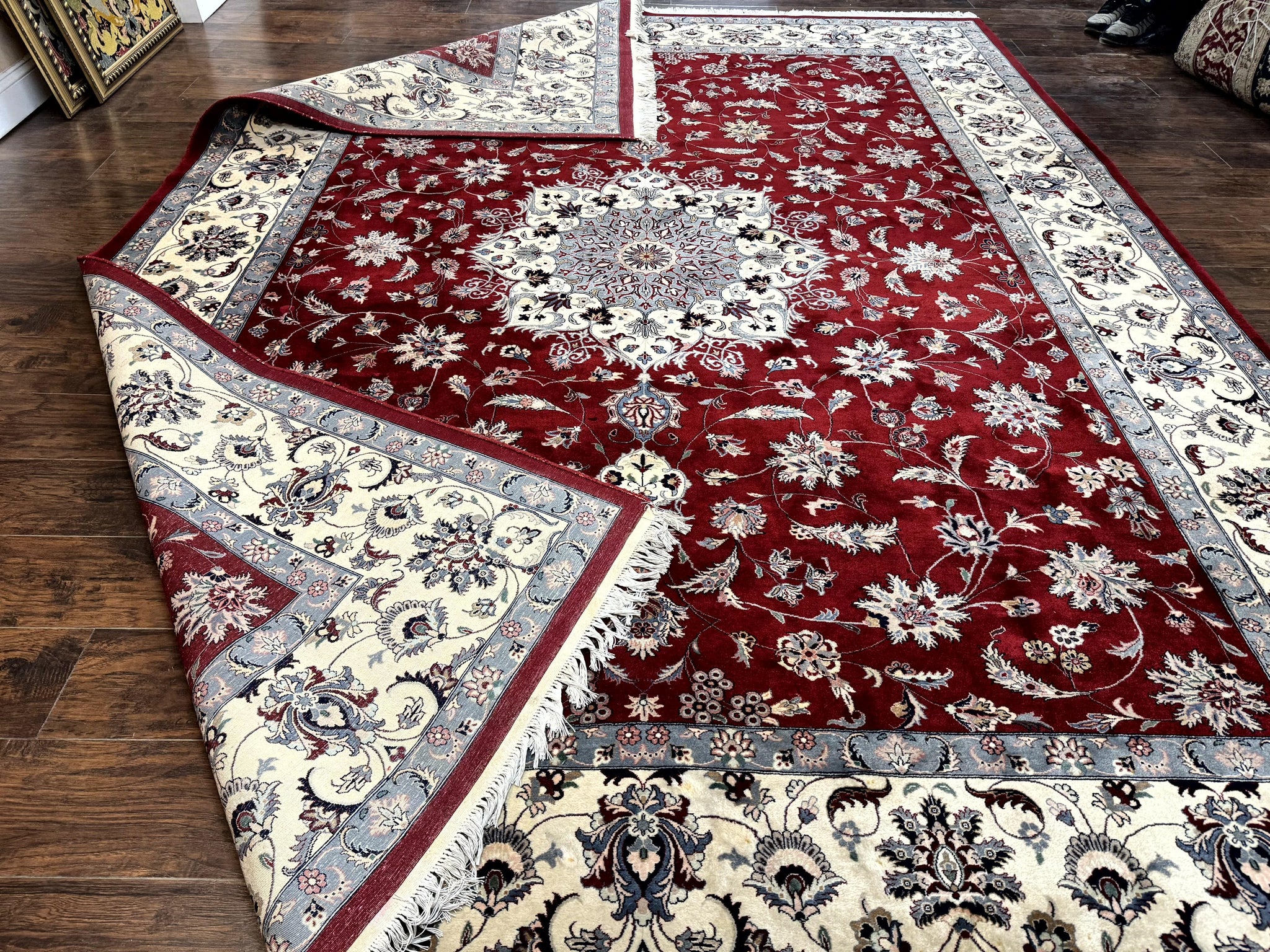 Pak Persian Rug 9x12, Maroon and Ivory, Wool Handmade Vintage by Jewel Rugs
