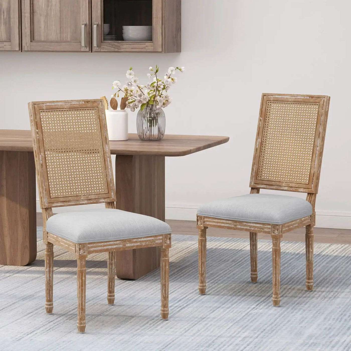 French Country Dining Chair With Rectangular Cane Backrest And Smooth Upholstered Seating by HouseOfZazla
