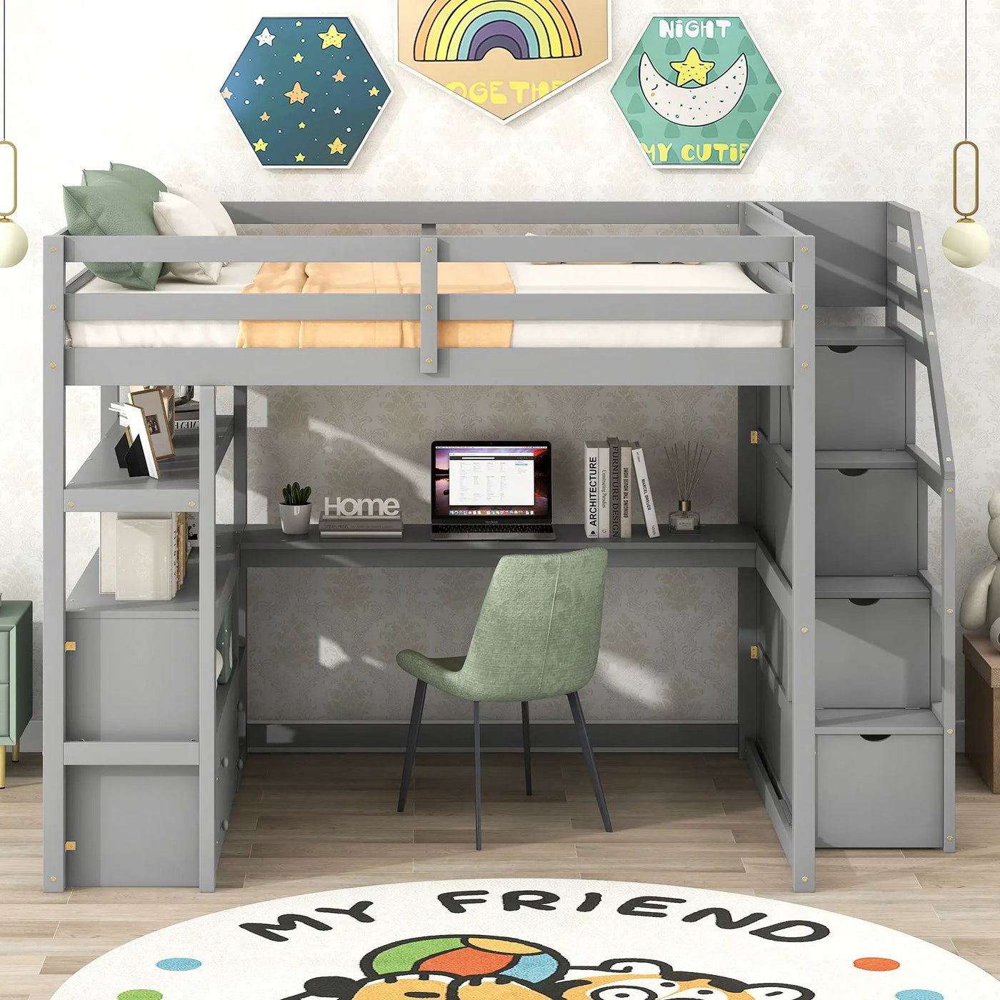 Loft Bed With Desk, Shelves, 2 Drawers, Storage Staircase by Unique Piece Furniture
