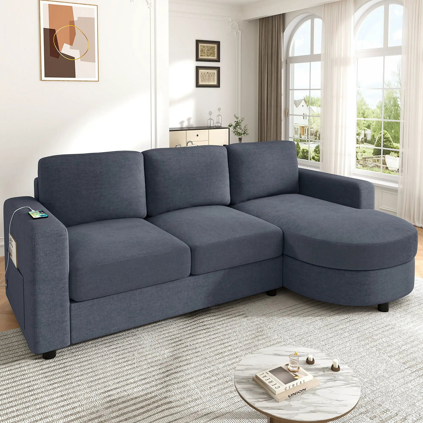 Modern L-Shaped Sectional Sofa With Curved Chaise, USB Ports, And Side Storage Pockets by HouseOfZazla
