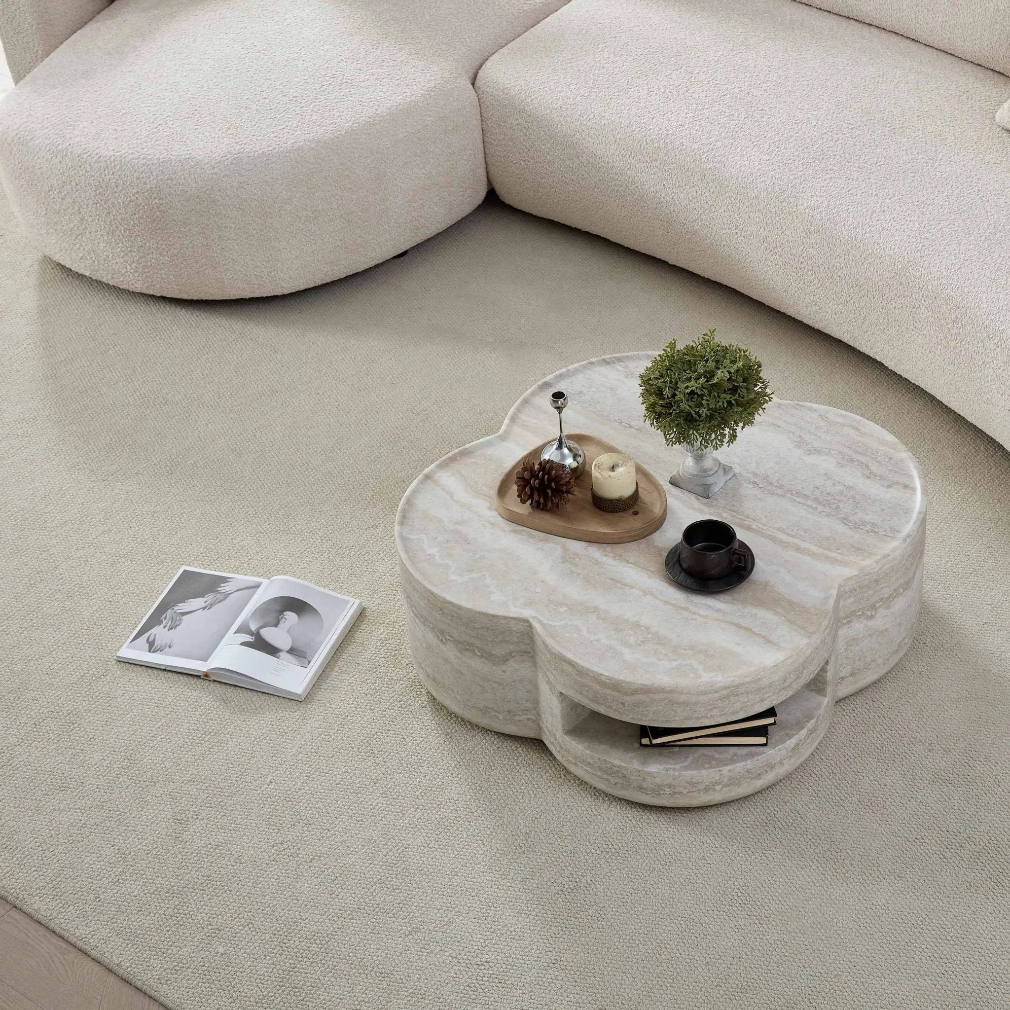 Clover Round Coffee Table With Open Storage - Marble by HouseOfZazla