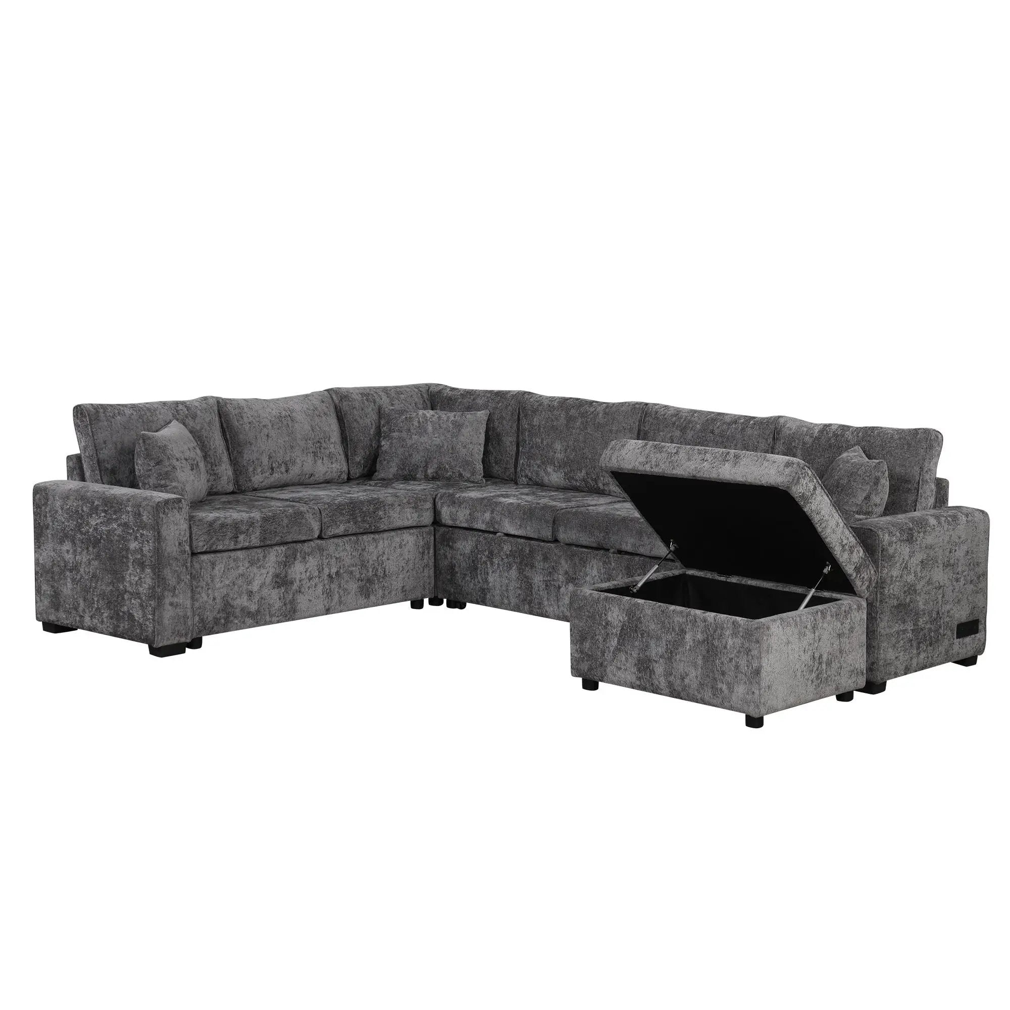 Sectional Sofa Pull-Out Sofa Bed Sleeper With A Storage Ottoman, Three Pillows And Charging Devices For Living Room by HouseOfZazla