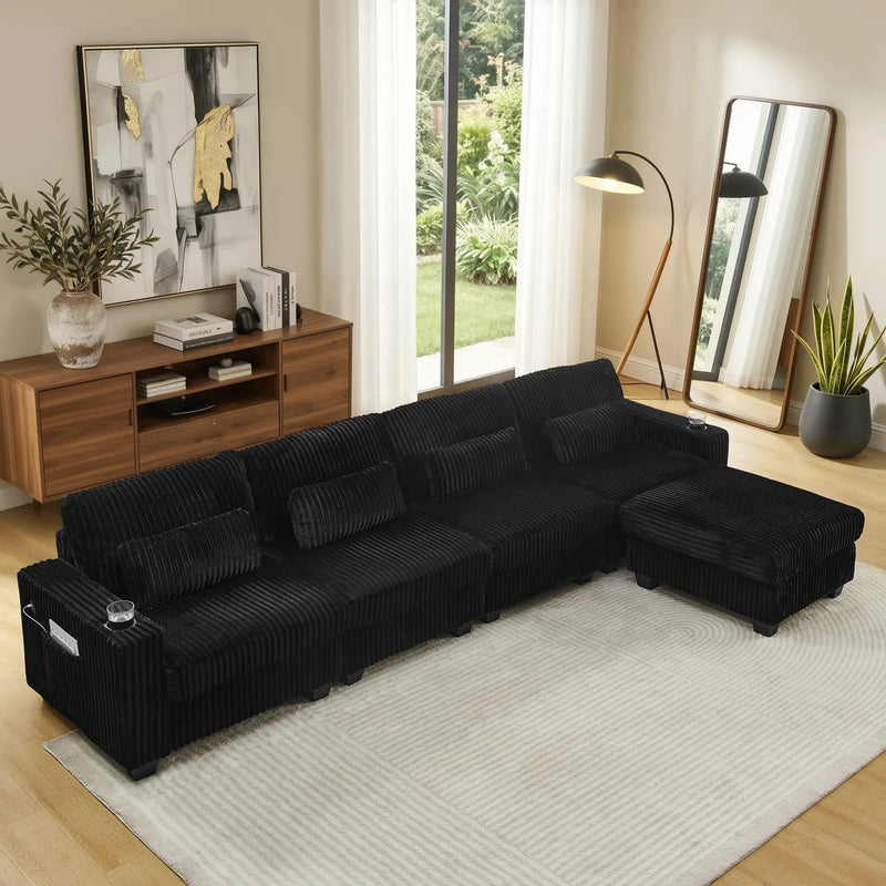 L-Shaped Corduroy Modular Sectional Sofa with Detachable Footrest by HouseOfZazla