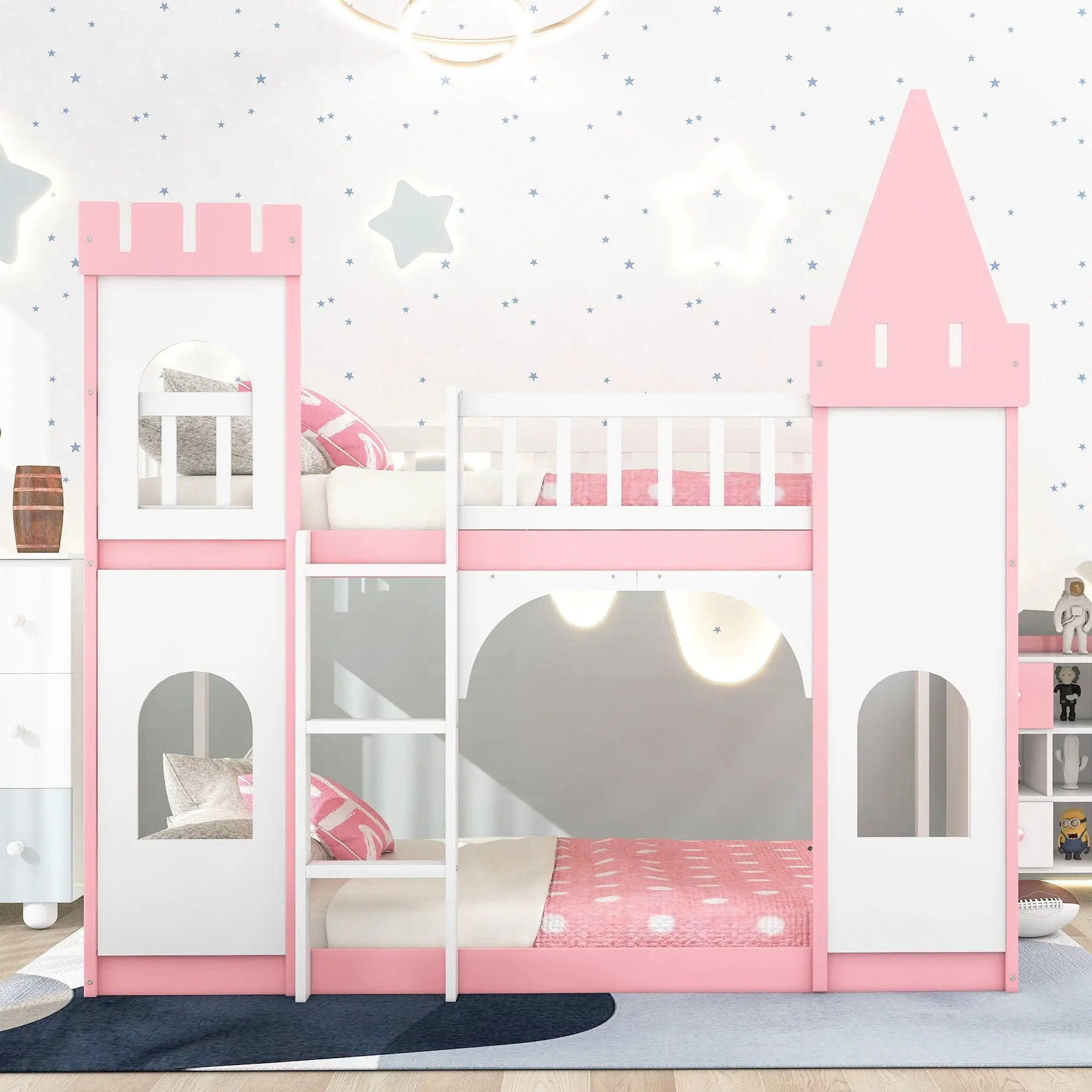 Twin Over Twin Castle Bunk Bed With Ladder - Pink by HouseOfZazla