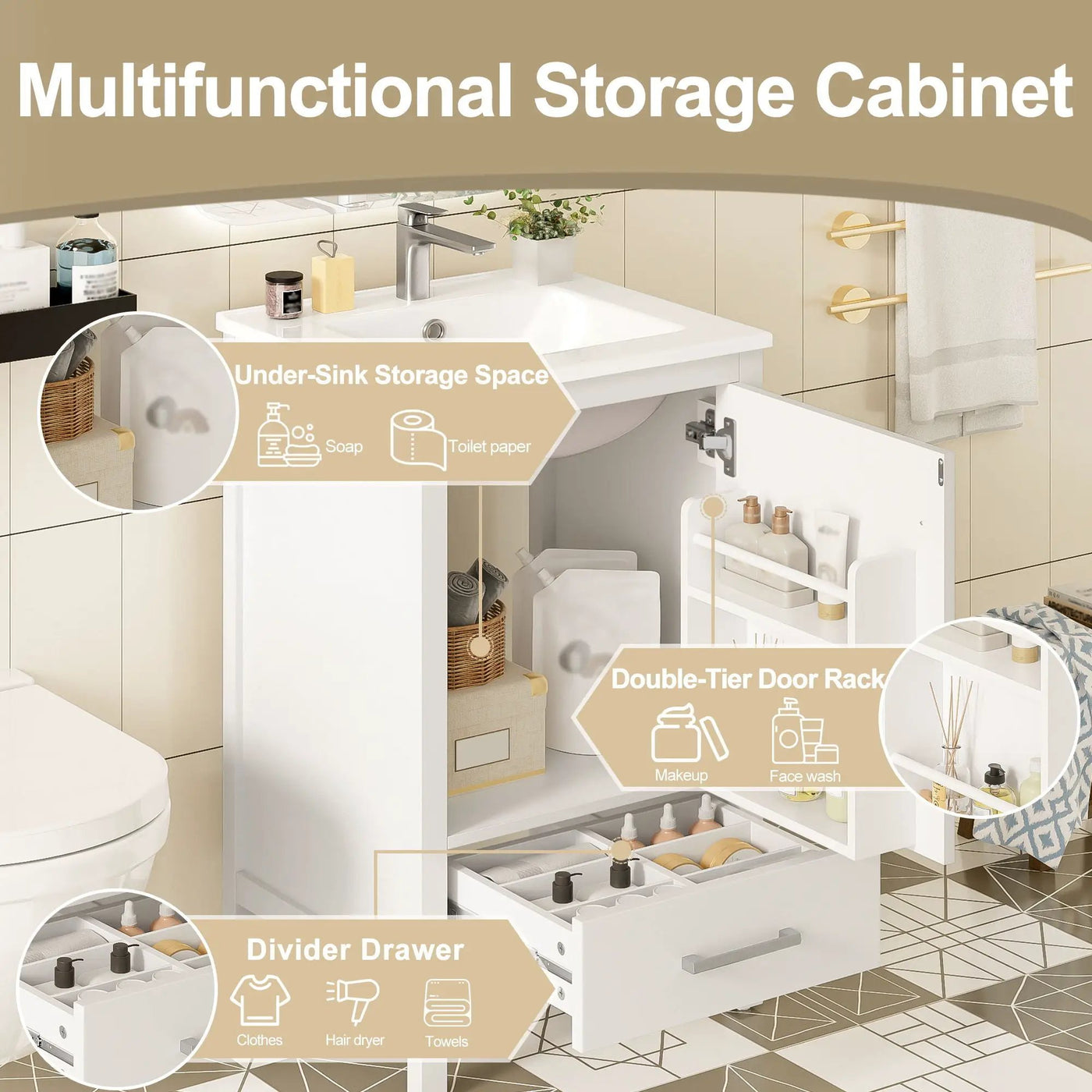 Bathroom Vanity With Ceramic Sink, Soft Close Drawers, Door Organizer, Divider Drawer, Adjustable Foot Pads by Unique Piece Furniture