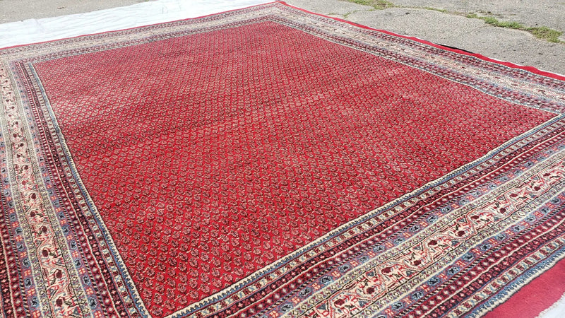 Persian Sarouk Mir Pattern, Red and Beige, Hand-Knotted, Wool, Paisley Boteh Design, 9'9" x 13', Semi Antique by Jewel Rugs