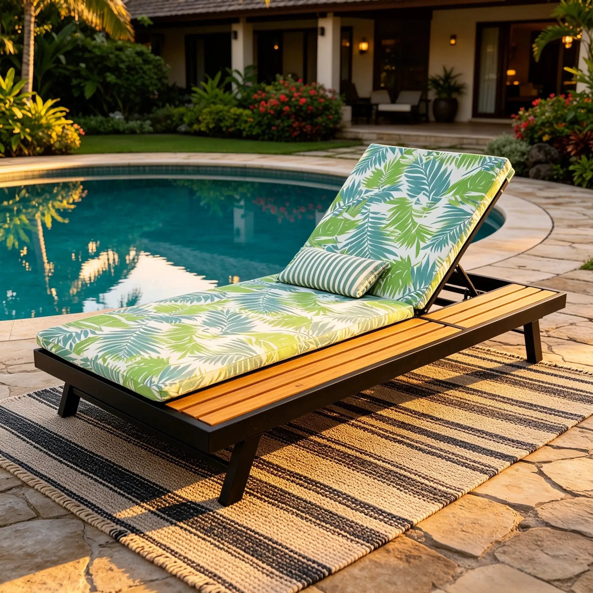 Black Iron + Teak Finish Outdoor Chaise Lounge Set with Leaf Coconut Cushion by HouseOfZazla