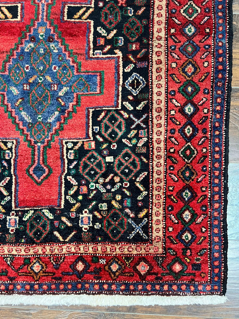 Persian Kurdish Senneh Runner Rug 3x9, Red Navy Blue, Medallions Wool Tribal Runner for Kitchen/Hallway 9ft Antique Handmade Oriental Runner by Jewel Rugs