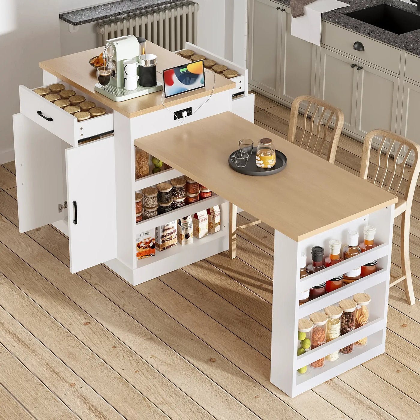 Extendable Island Console with Drawers, Double-Door Cabinet, and Open Shelving by HouseOfZazla