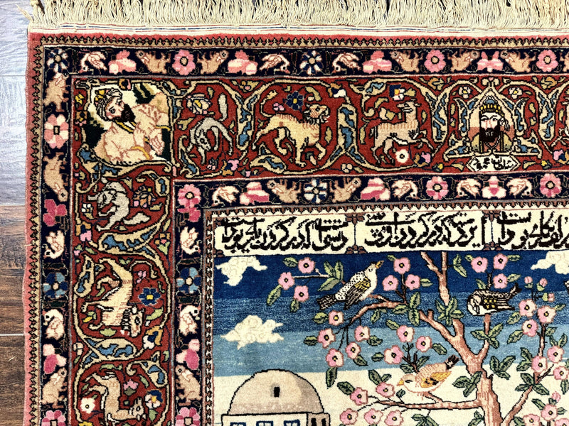 Wonderful Persian Kashan Pictorial Rug 4.7 x 6.5, Persian Rug for Wall Hanging, Handmade Antique Wool Carpet Animal Motifs Poetry Lovers, 240 KPSI by Jewel Rugs