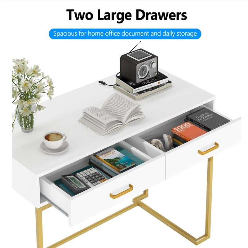 Minimalist Home Office Computer Desk With 2 Drawers, Compact Writing Table For Small Spaces - White / Gold by HouseOfZazla