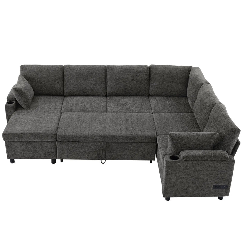 U-Shaped Sectional Sleeper Sofa With Ample Storage Space, 2 Cup Holders And Charging Ports For Living Room by HouseOfZazla