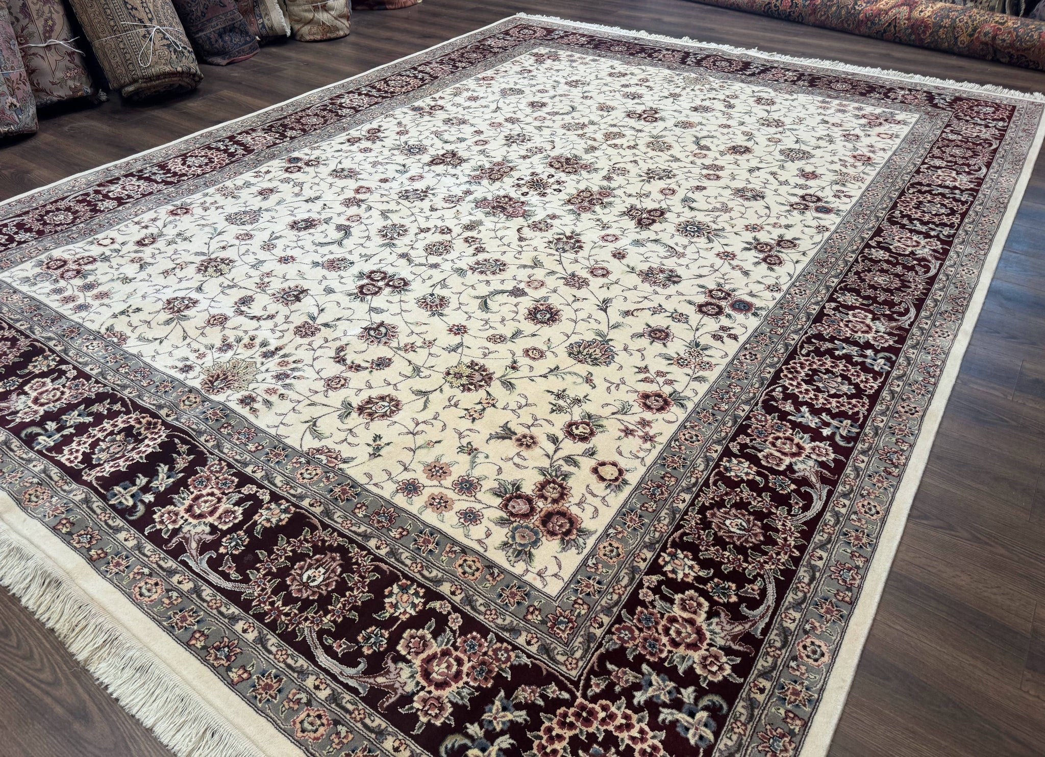 Sino Persian Rug 9x12, Floral Allover Design, 170 KPSI, Ivory and Dark Maroon by Jewel Rugs