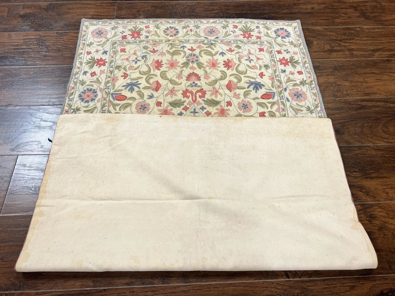 Hand Stitched Indian Rug 4x5, Floral, Vintage Hand Embroidered Rug by Jewel Rugs