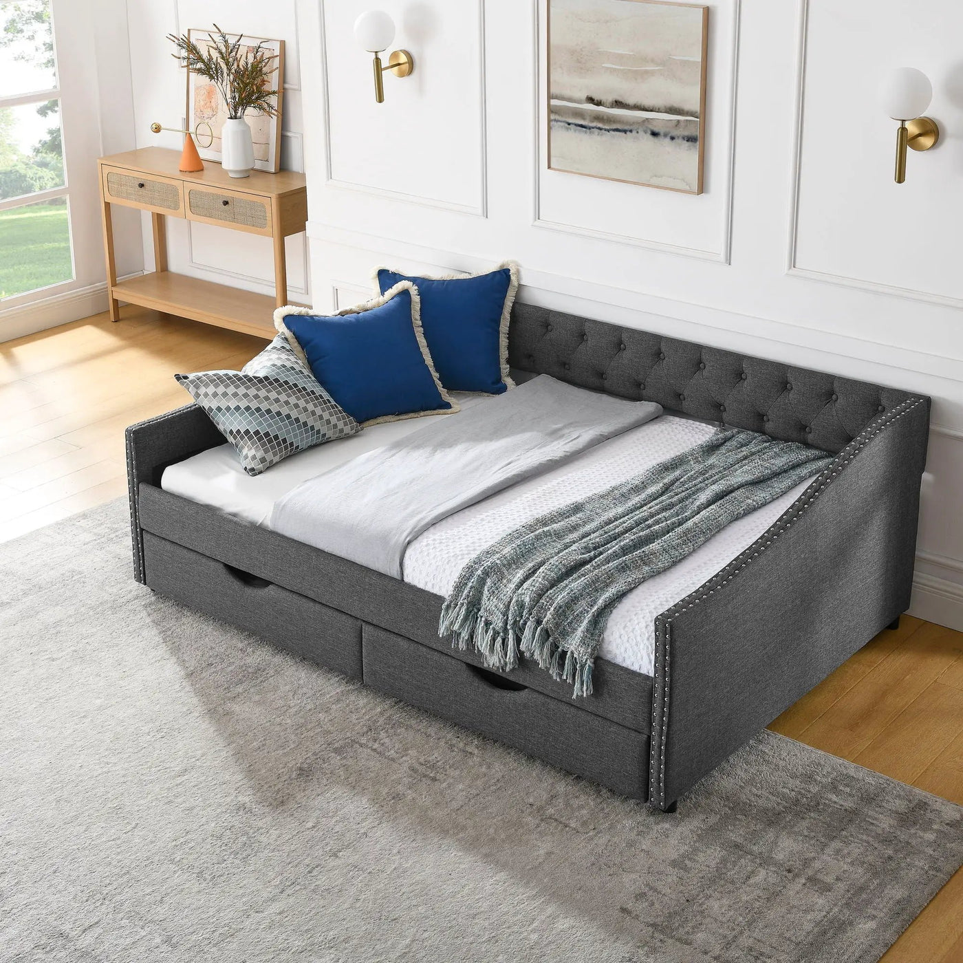 Upholstered Tufted Daybed With Drawers, Waved Arms by Unique Piece Furniture