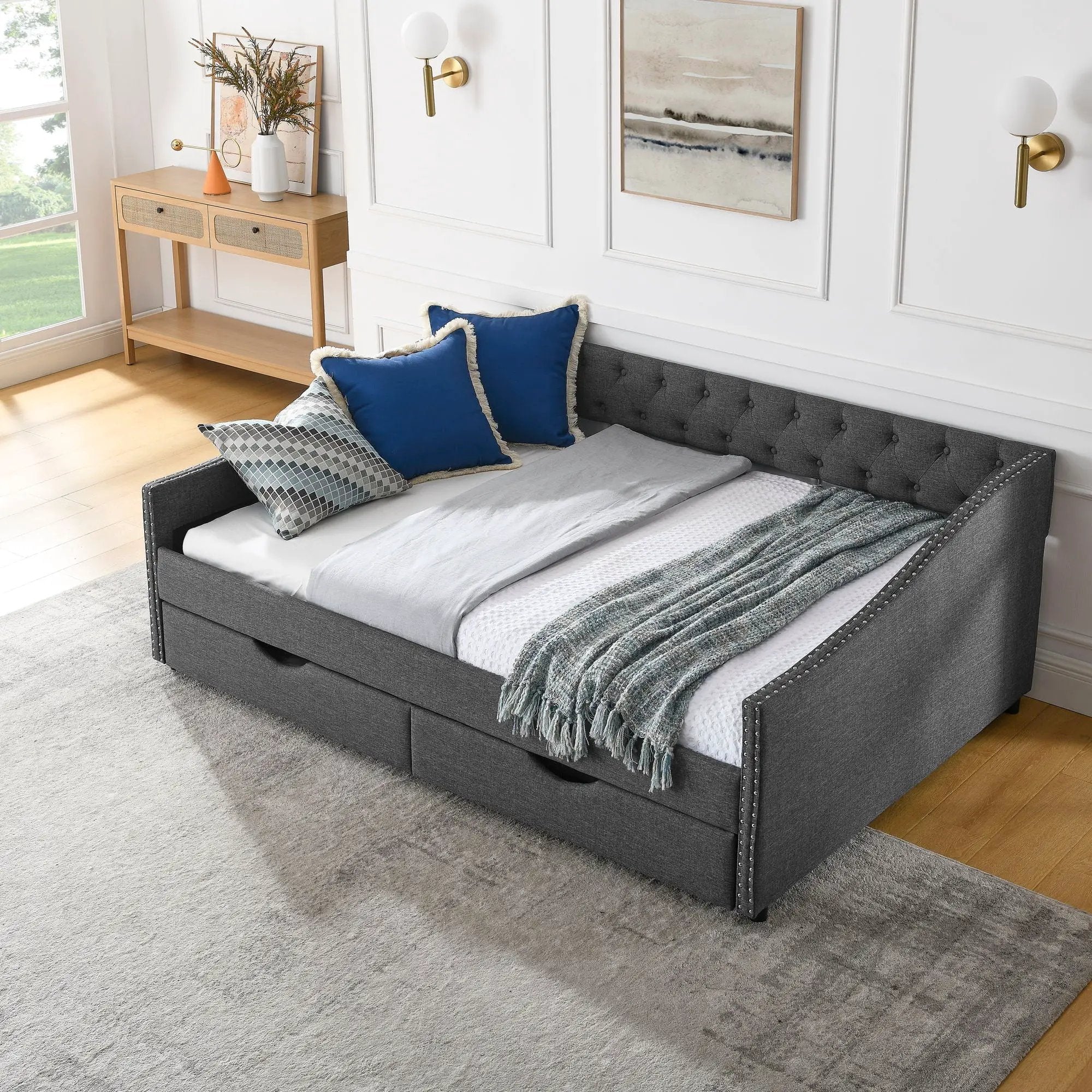 Upholstered Tufted Daybed With Drawers, Waved Arms by Unique Piece Furniture