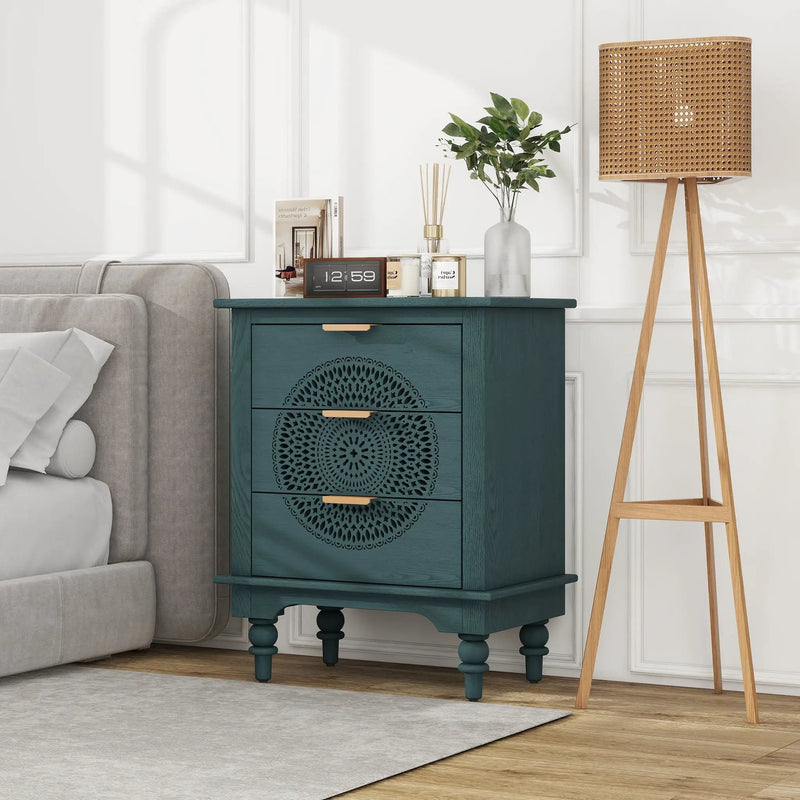 Hollow Carved 3 Drawer Dresser With Metal Handles, Storage Chest For Living Room Or Bedroom - Blackish Green by Unique Piece Furniture