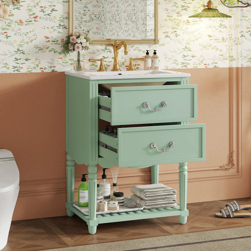 Wave Design Bathroom Vanity With Sink, 2 Drawers And Open Shelf