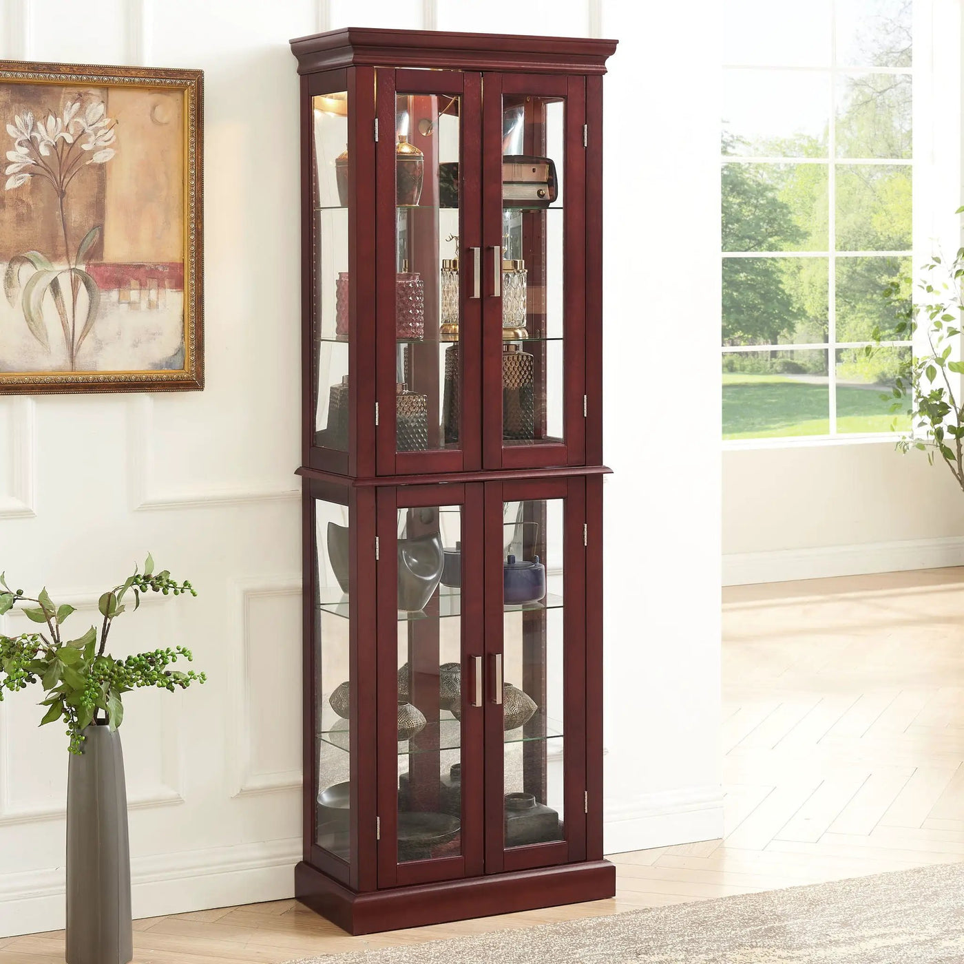 Curio Cabinet Lighted Curio Diapaly Cabinet With Adjustable Shelves And Mirrored Back Panel, Tempered Glass Doors (6 Tier), (E26 Light Bulb Not Included) by Unique Piece Furniture