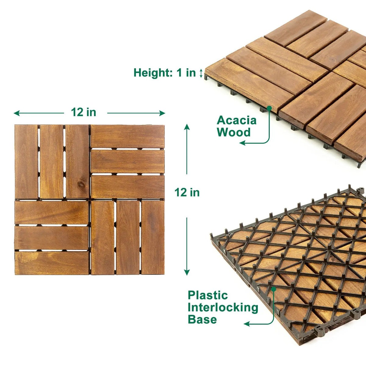 12 in. x 12 in. Acacia 12 Slats Checker Deck Tiles - 30 Pieces by HouseOfZazla