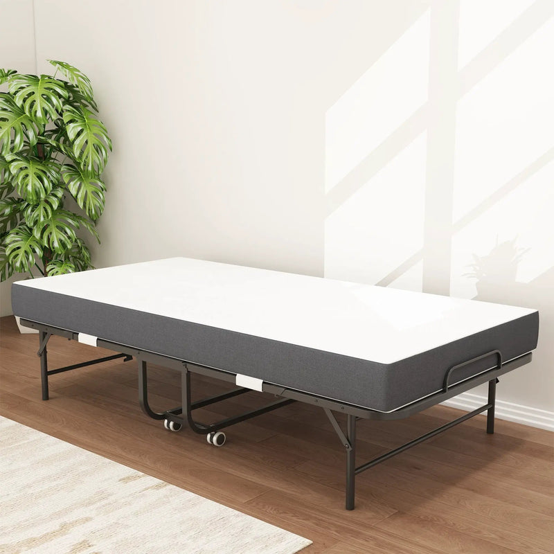 Twin Extra Long Folding Bed For Tall People, Heavy-Duty Rollaway Guest With Memory Foam Mattress - Black by HouseOfZazla