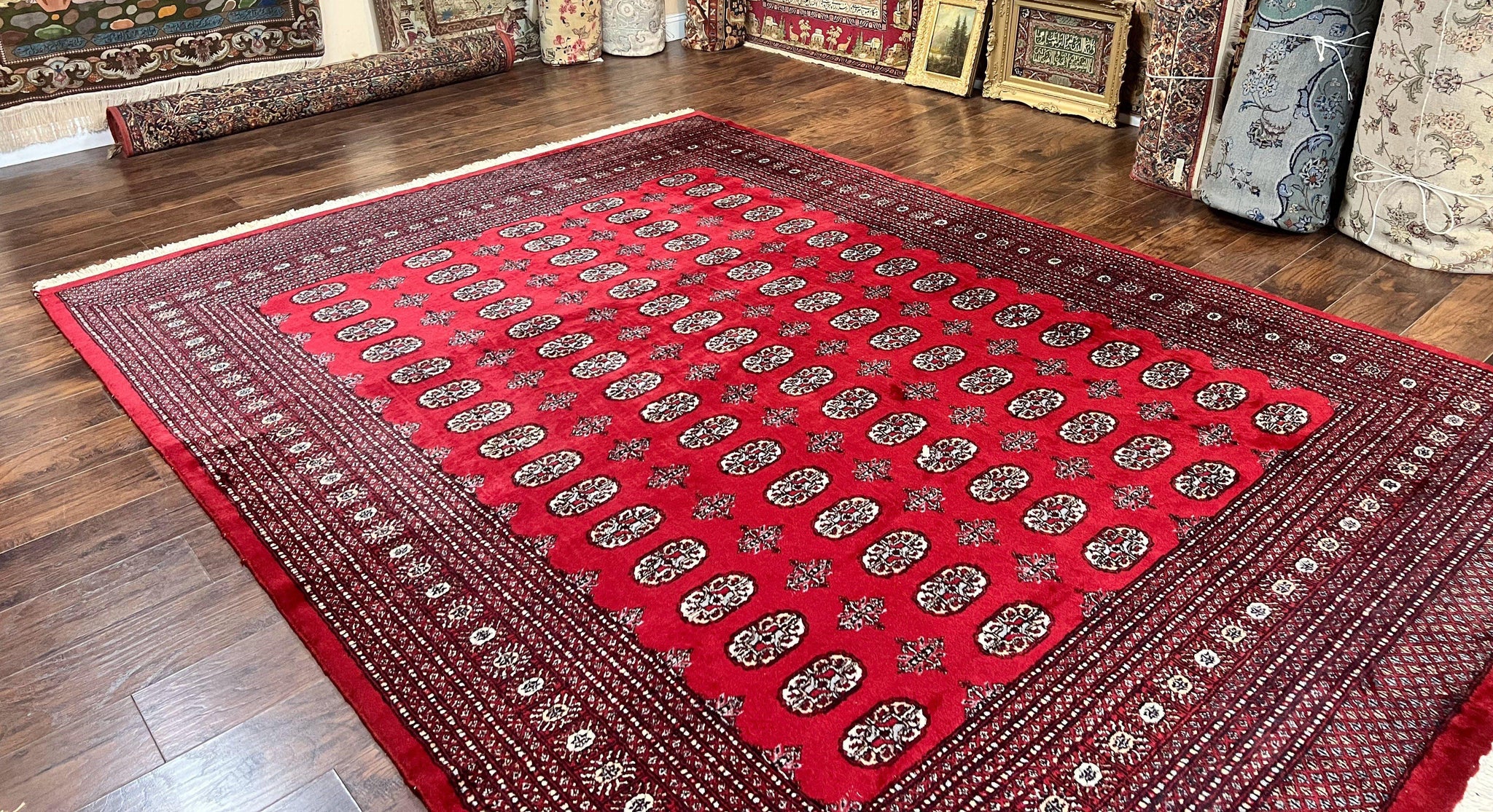 Turkoman Rug 8 x 11.6, Red Bokhara Pakistani Carpet, Wool Handmade Vintage Rug by Jewel Rugs