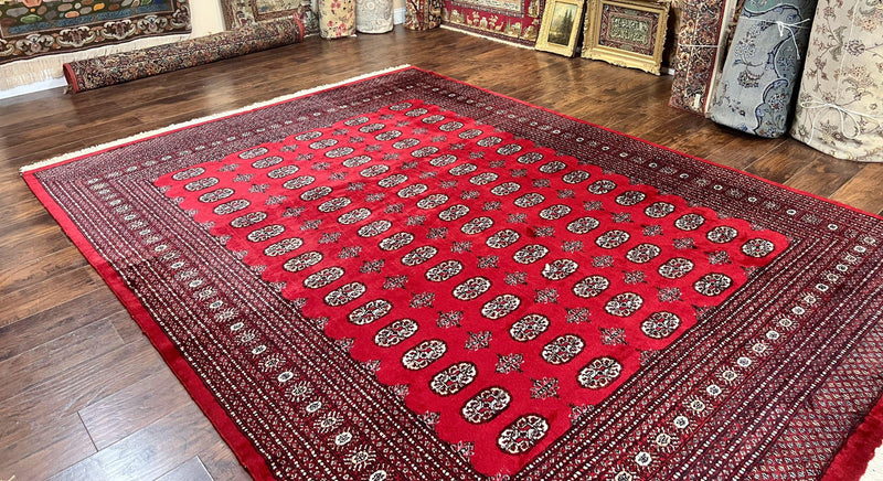 Turkoman Rug 8 x 11.6, Red Bokhara Pakistani Carpet, Wool Handmade Vintage Rug by Jewel Rugs
