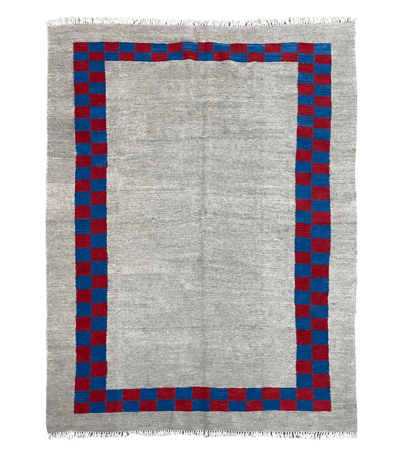 Gray Turkish Kilim Carpet 5' 7" x 7' 7", Medium Kilim Rug, Hand-Knotted, Blue & Red Border, Minimalistic Design, Geometric, Wool, New by Jewel Rugs