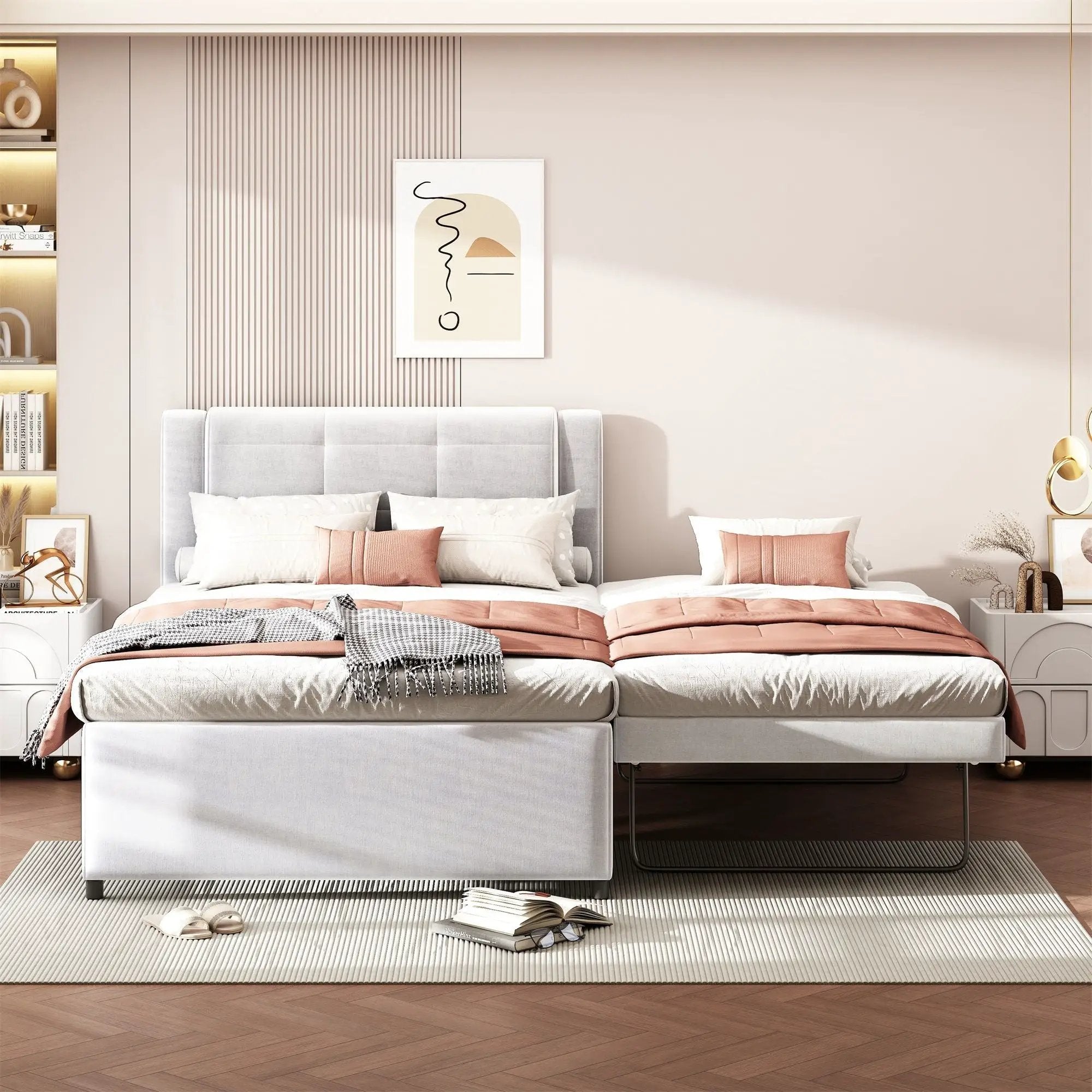 Upholstery Platform Bed With Trundle, Trundle Can Be Flat Or Erected by HouseOfZazla