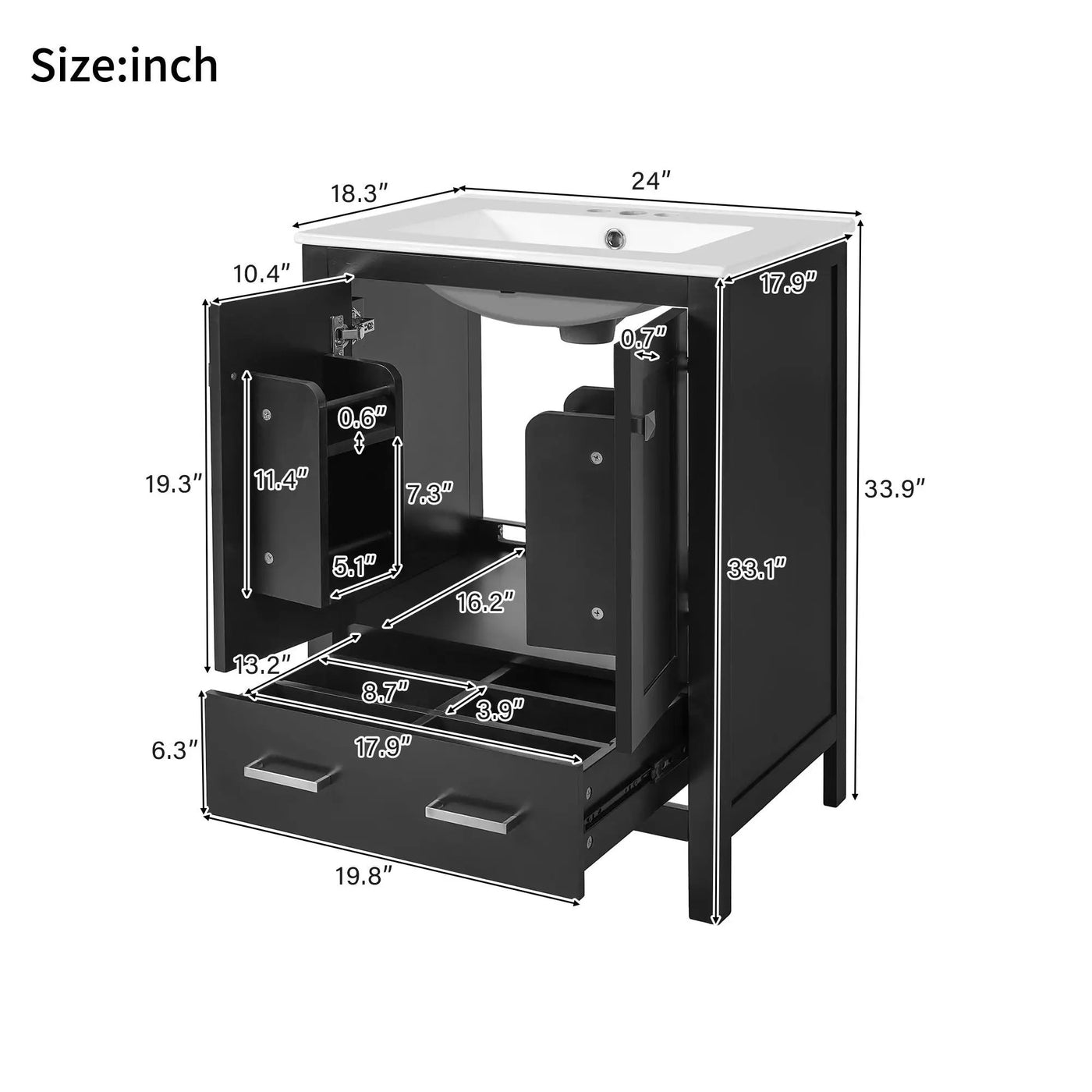 Bathroom Vanity With Integrated Undermount Ceramic Sink, 2 Doors And 1 Drawer, Soft Close Hinges by Unique Piece Furniture