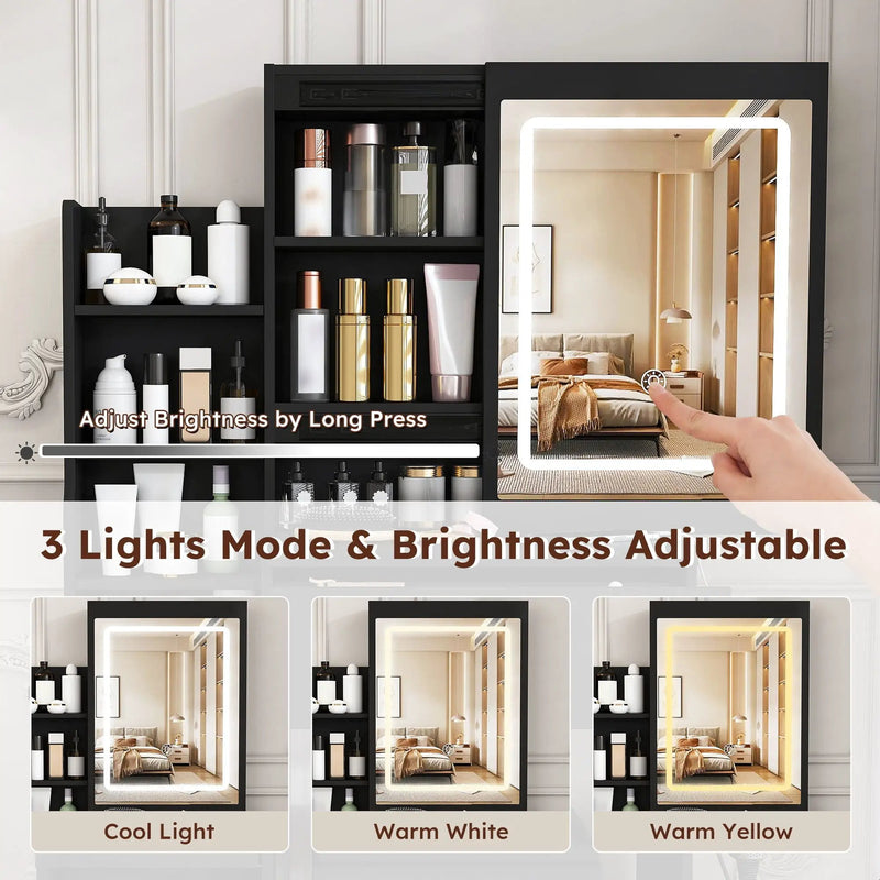 Vanity Desk With 3 LED Lighting Modes, 4 Drawers, Open Shelves, Hair Dryer Holder & Power Socket Dressing Table Set With Chair - Black by HouseOfZazla