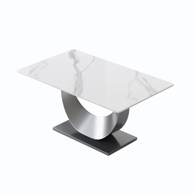 63" Modern Artificial Stone Crescent-Shaped Metal Legs, Can Accommodate 6-8 People - White / Black by HouseOfZazla