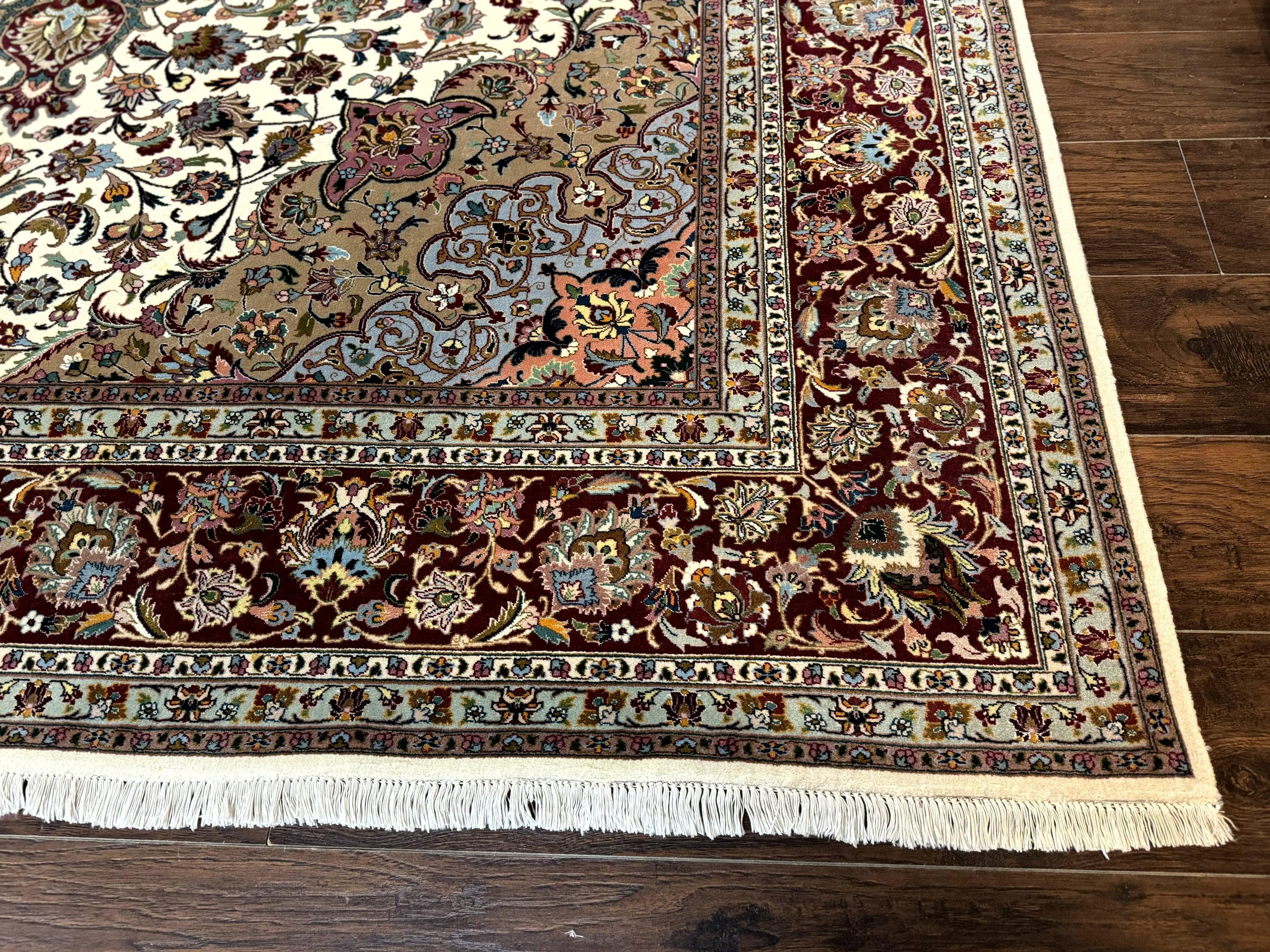 Persian Tabriz Rug 8x11, Floral Medallion Traditional Area Rug, Fine 300 KPSI, Ivory Maroon by Jewel Rugs