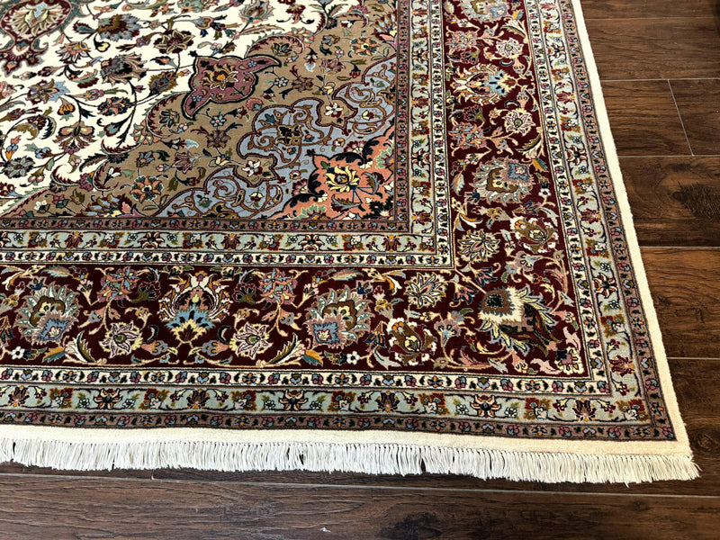 Persian Tabriz Rug 8x11, Floral Medallion Traditional Area Rug, Fine 300 KPSI, Ivory Maroon by Jewel Rugs